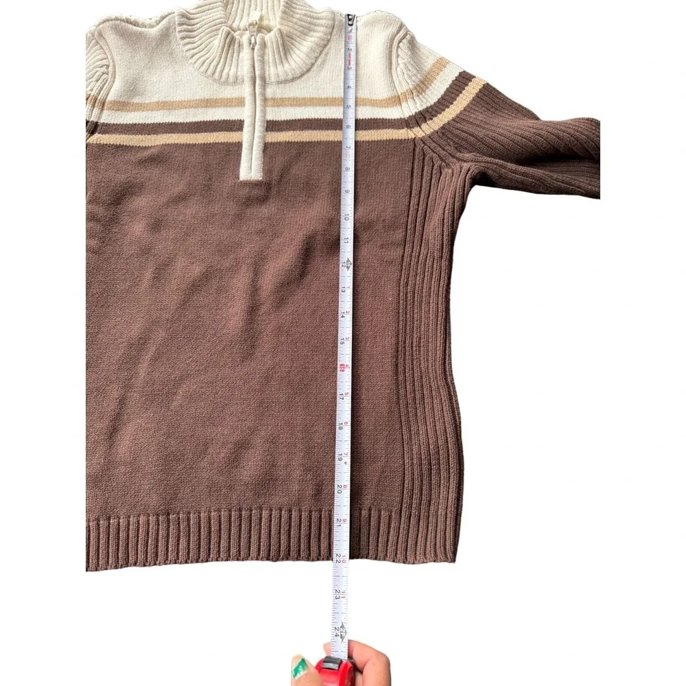 St Johns‎ Bay Petite Brown Striped Quarter Zip Cotton Mock Neck Sweater PM F2